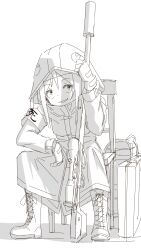 Rule 34 | 1girl, armband, boots, chair, cross-laced footwear, fingerless gloves, gloves, greyscale, gun, hair between eyes, highres, holding, holding gun, holding weapon, hood, hood up, hooded jacket, jacket, kuro kosyou, lace-up boots, long sleeves, monochrome, on chair, original, parted lips, rifle, scope, shadow, simple background, sketch, smile, sniper rifle, solo, suppressor, weapon, weapon request, white background