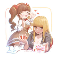 Rule 34 | 10s, 2girls, ;p, blonde hair, blunt bangs, bow, breasts, brown hair, chibimi, chibita, cleavage, commentary request, cup, cupping glass, drinking glass, english text, hair bow, hairband, iyami, iyayo, lace, lace-trimmed legwear, lace trim, large breasts, lipstick, looking back, makeup, meoon, multiple girls, no shoes, one eye closed, osomatsu-san, outside border, rounded corners, signature, simple background, smile, socks, thighhighs, tongue, tongue out, twintails, twitter username, v, whiskers, white background, wine glass