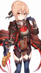 Rule 34 | 1girl, absurdres, armor, artoria pendragon (fate), black coat, black leotard, black ribbon, blonde hair, blue gloves, blush, bracer, braid, breastplate, breasts, coat, covered navel, fate/grand order, fate (series), french braid, gloves, hair between eyes, hair ribbon, highres, hood, hood down, jun (aousa0328), leotard, long hair, long sleeves, looking at viewer, mysterious heroine x alter (fate), mysterious heroine x alter (third ascension) (fate), open clothes, open coat, ribbon, simple background, small breasts, solo, sword, thighs, weapon, white background, yellow eyes