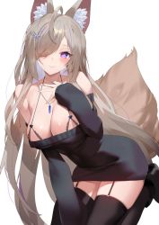 Rule 34 | 1girl, ahoge, animal ear fluff, animal ears, black dress, black footwear, black thighhighs, blush, bra, breasts, cleavage, closed mouth, commission, cupless bra, dress, fox ears, fox tail, garter straps, grey hair, hair ornament, hair over one eye, hand on own chest, hand up, jagayamatarawo, jewelry, kneeling, long hair, long sleeves, looking at viewer, necklace, one eye covered, purple eyes, shoes, simple background, skeb commission, skindentation, smile, solo, sweater, sweater dress, tail, thighhighs, underwear, very long hair, vrchat, white background