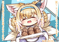 Rule 34 | 1girl, ^ ^, absurdres, animal ears, arknights, artist name, benizika, blonde hair, blush, braid, braided hair rings, chibi, chibi only, closed eyes, colored tips, commentary request, crossed bangs, cupcake, earpiece, facing viewer, food, fox ears, fox girl, fox tail, hair between eyes, hair rings, highres, holding, kitsune, kyuubi, multicolored hair, multiple tails, open mouth, signature, solo, suzuran (arknights), tail, translation request, twin braids, twitter username, two-tone hair, valentine, white hair