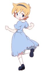 Rule 34 | 10s, 1girl, :d, agenasu, blue dress, blue eyes, blush, child, clenched hands, collar, dress, eyelashes, freckles, from behind, full body, hairband, highres, leg lift, little witch academia, looking at viewer, looking back, lotte jansson, no eyewear, open mouth, orange hair, puffy short sleeves, puffy sleeves, shoe soles, short hair, short sleeves, simple background, smile, socks, solo, standing, standing on one leg, tareme, white background, aged down