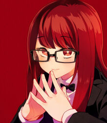 Rule 34 | 1girl, black-framed eyewear, blush, glasses, hair down, highres, kyougetsu (junrai), long hair, long sleeves, looking at viewer, official alternate hairstyle, own hands together, persona, persona 5, persona 5 the royal, red eyes, red hair, school uniform, shuujin academy school uniform, simple background, smile, solo, upper body, yoshizawa sumire