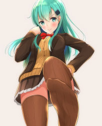 Rule 34 | 1girl, aqua eyes, aqua hair, blush, bow, bowtie, breasts, brown jacket, brown skirt, brown thighhighs, cardigan, from below, hair ornament, hairclip, highres, jacket, kantai collection, large breasts, long hair, looking at viewer, pleated skirt, red bow, red bowtie, school uniform, simple background, skirt, smile, solo, suzuya (kancolle), thighhighs, toyomi 13, v-shaped eyebrows, white background, zettai ryouiki