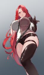 Rule 34 | blush, breasts, character request, cleavage, commission, copyright request, earrings, elbow gloves, from below, gloves, highres, jewelry, large breasts, long hair, looking at viewer, red hair, short shorts, shorts, simple background, single thighhigh, sogogy, strap, thighhighs, tight top