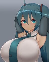 Rule 34 | 1girl, ahoge, armpits, arms up, black sleeves, blue eyes, blue hair, blue necktie, blush, breasts, collared shirt, detached sleeves, female focus, grey shirt, hatsune miku, highres, huge breasts, long hair, necktie, shiny skin, shirt, simple background, solo, tagme, tenku dayo, twintails, vocaloid