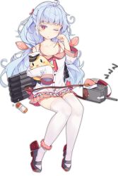 Rule 34 | 1girl, ;o, ahoge, ankle scrunchie, azur lane, bare shoulders, bird, blue hair, blunt bangs, bottle, bow, breasts, bright pupils, buttons, chick, cleavage, collarbone, dango remi, eyebrows, flower, full body, grey footwear, hair ribbon, hat, knees together feet apart, long hair, long sleeves, low twintails, mary janes, mole, mole under eye, neckerchief, nicholas (azur lane), nightcap, off shoulder, official art, one eye closed, peaked cap, pill, pink bow, pink eyes, pink neckerchief, pink ribbon, ribbon, rudder footwear, scrunchie, shirt, shoes, sitting, nightcap, sleeves past wrists, small breasts, solo, thighhighs, transparent background, twintails, white pupils, white shirt, white thighhighs, zettai ryouiki, zzz
