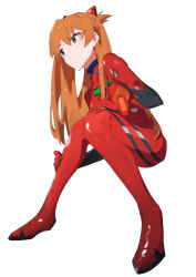 Rule 34 | 1girl, artist request, blue eyes, bodysuit, brown hair, full body, highres, invisible chair, long hair, looking to the side, neon genesis evangelion, plugsuit, red bodysuit, simple background, sitting, solo, souryuu asuka langley, very long hair, white background