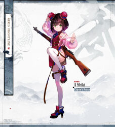 Rule 34 | 1girl, black hair, boots, brown hair, character name, china dress, chinese clothes, crane stance, double bun, dress, english text, fighting stance, fuzichoco, girls&#039; frontline, green eyes, gun, gun on back, hair bun, high heel boots, high heels, jacket, kung fu, looking at viewer, martial arts, multicolored hair, official alternate costume, official art, see-through, see-through jacket, short hair, solo, type 4 (crane&#039;s poise) (girls&#039; frontline), type 4 (girls&#039; frontline), type 4 rifle, weapon, weapon on back
