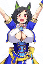 Rule 34 | 1girl, alternate breast size, animal ears, arms up, bandaid, black hair, breasts, bursting breasts, button gap, buttons, cleavage, hair ornament, hairclip, highres, horse ears, horse girl, isemagu, large breasts, looking at viewer, navel, no bra, o/, open mouth, outstretched arms, shirt, short hair, simple background, smile, solo, umamusume, unbuttoned, unbuttoned shirt, white background, white shirt, winning ticket (umamusume)