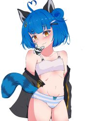 Rule 34 | 1girl, absurdres, ahoge, animal ears, belly, blue hair, blush, blush stickers, bow, bow panties, bra, breasts, commission, highres, idol corp, mouse (animal), navel, panties, poko rakun, raccoon ears, raccoon tail, short hair, simple background, small breasts, striped clothes, striped panties, tail, thick eyebrows, underwear, virtual youtuber, white background, white bra, yellow eyes