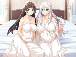 Rule 34 | 2girls, ahoge, bare shoulders, bed, blue eyes, blush, breasts, brown hair, closed mouth, dress, female focus, flower, gloves, green eyes, hair between eyes, hair flower, hair ornament, hand on own stomach, hand up, highres, ino (magloid), jewelry, large breasts, legs, long hair, looking at viewer, maid headdress, multiple girls, necklace, on bed, original, otomege no akuyaku mob sono 2 wa hametsu end wo kaihi shitai., pearl necklace, pregnant, sitting, smile, strapless, strapless dress, thighs, white dress, white gloves, white hair