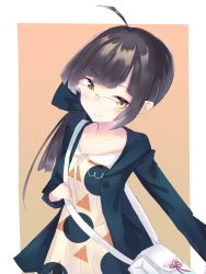 Rule 34 | 1girl, ahoge, alternate costume, bag, bespectacled, black hair, blush, casual, chousatou, commentary request, fujinami (kancolle), glasses, highres, kantai collection, long hair, long sleeves, looking at viewer, side ponytail, smile, solo, yellow eyes