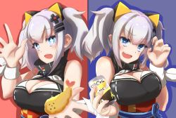 Rule 34 | + +, 1girl, black dress, blue eyes, bnb (18750408), breasts, can, claw pose, cleavage, cleavage cutout, clothing cutout, dress, food, hair ornament, hairclip, heart, heart-shaped pupils, highres, holding, holding can, holding food, kaguya luna, large breasts, light purple hair, looking at viewer, multiple views, obi, purple eyes, sash, shrimp, shrimp tempura, sleeveless, sleeveless dress, strong zero, symbol-shaped pupils, tempura, the moon studio, twintails, virtual youtuber, x hair ornament