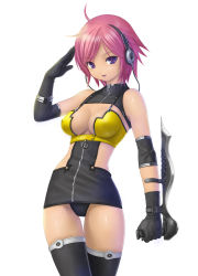 Rule 34 | 1girl, blade, breasts, cleavage, elbow gloves, gloves, headphones, kanzeon, pink hair, purple eyes, salute, short hair, solo, thigh gap, thighhighs, thighs, weapon