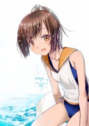 Rule 34 | 1girl, blue one-piece swimsuit, brown eyes, brown hair, collarbone, commentary request, hair ornament, highres, i-401 (kancolle), kantai collection, kimura shiki, looking at viewer, one-hour drawing challenge, one-piece swimsuit, orange sailor collar, ponytail, sailor collar, school swimsuit, shirt, side-tie shirt, simple background, sleeveless, sleeveless shirt, smile, solo, swimsuit, swimsuit under clothes, water, wet, white background