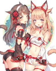 Rule 34 | 10s, 2girls, animal ears, armor, ass, bell, black legwear, breasts, brown hair, cleavage, cowboy shot, detached collar, detached sleeves, earrings, facial mark, fake animal ears, fang, final fantasy, final fantasy xiv, flower, hair bell, hair flower, hair ornament, hairband, highres, holding hands, interlocked fingers, jewelry, leg ribbon, light brown hair, long hair, looking at viewer, medium breasts, microskirt, midriff, miqo&#039;te, momoko (momopoco), multiple girls, navel, ribbon, skirt, slit pupils, strapless, tail, thigh ribbon, thighhighs, thighs, tube top, warrior of light (ff14)