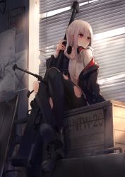 Rule 34 | 1girl, anti-materiel rifle, black footwear, black jacket, black pantyhose, window blinds, blush, boots, commentary request, cross-laced footwear, day, drawstring, ear protection, eisuto, english text, gun, hair between eyes, highres, holding, holding gun, holding weapon, hood, hood down, hoodie, indoors, jacket, lace-up boots, long hair, long sleeves, looking away, looking to the side, off shoulder, original, pantyhose, parted lips, red eyes, rifle, silver hair, sitting, sniper rifle, solo, sunlight, torn clothes, torn pantyhose, weapon, weapon request, white hoodie, window