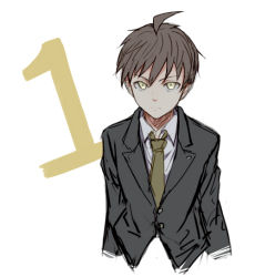 Rule 34 | 1boy, black hair, black jacket, brown eyes, brown hair, closed mouth, collared shirt, commentary request, cropped torso, danganronpa (series), danganronpa 3 (anime), formal, frown, green necktie, jacket, looking at viewer, male focus, meipoi, naegi makoto, necktie, shirt, short hair, simple background, solo, suit, upper body, white background, white shirt
