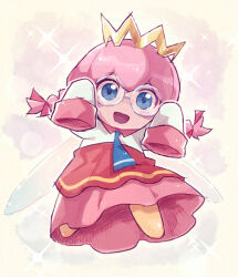 Rule 34 | 1girl, :d, arms up, blue eyes, blue necktie, blush, blush stickers, braid, chiimako, collared shirt, commentary request, cosplay, crown, fairy, fairy wings, full body, glasses, hair between eyes, hair ribbon, kirby (series), kirby 64, layered skirt, long sleeves, looking at viewer, necktie, nintendo, open mouth, pink skirt, red ribbon, red skirt, ribbon, ribbon (kirby), ripple star queen, ripple star queen (cosplay), round eyewear, shirt, simple background, skirt, sleeves past fingers, sleeves past wrists, smile, solo, sparkle, twin braids, white shirt, wings, yellow background