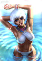 Rule 34 | 1girl, armpits, arms up, blue eyes, breasts, dark-skinned female, dark skin, earrings, elena (street fighter), from above, gohpot, highres, jewelry, large breasts, lips, midriff, navel, neck ring, partially submerged, ripples, short hair, signature, solo, standing, street fighter, street fighter iii (series), very dark skin, wading, watermark, web address, white hair, wrist cuffs