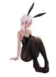 Rule 34 | 1girl, abi (kabe), absurdres, animal ears, arm at side, arm support, back, bare shoulders, between legs, black leotard, black pantyhose, braid, breasts, cleavage, closed mouth, fake animal ears, frown, full body, grey eyes, hair over shoulder, hair strand, hand between legs, hand on own knee, highres, knees up, leotard, long hair, looking at viewer, medium breasts, no shoes, original, pantyhose, pigeon-toed, playboy bunny, rabbit ears, see-through, sidelocks, simple background, sitting, soles, solo, strapless, strapless leotard, tan, twintails, white background, white hair