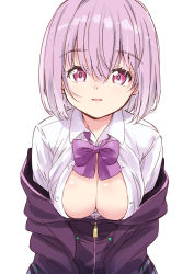 Rule 34 | 10s, 1girl, absurdres, bow, bowtie, breasts, bursting breasts, collared shirt, cowboy shot, gridman universe, hair between eyes, highres, jacket, large breasts, looking at viewer, mousou (mousou temporary), off shoulder, parted lips, pink eyes, pleated skirt, purple bow, purple bowtie, purple hair, purple jacket, shinjou akane, shirt, short hair, simple background, skirt, smile, solo, ssss.gridman, unzipped, white background, white shirt, wing collar