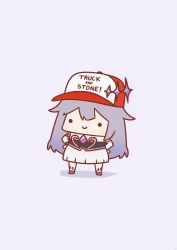 Rule 34 | . ., 1girl, absurdres, barefoot, baseball cap, c:, chibi, commentary, crown, crystal, deep rock galactic, dress, english text, gem, grey hair, hands on own hips, hat, highres, hololive, hololive english, jewelry, koseki bijou, koseki bijou (1st costume), long hair, looking at viewer, multicolored clothes, multicolored hair, multicolored headwear, phdpigeon, purple background, purple eyes, red hat, simple background, smile, standing, straight-on, trucker, two-tone hat, virtual youtuber, white dress, white hat