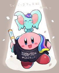 Rule 34 | :d, ^ ^, arms up, black shirt, blue eyes, blush, blush stickers, chiimako, closed eyes, clothes writing, elfilin, fedora, glowstick, grey background, hat, holding glowstick, kirby, kirby (series), kirby 30th anniversary music festival, looking at viewer, nintendo, no humans, notched ear, open mouth, purple headwear, shirt, short sleeves, simple background, smile, spotlight, t-shirt, translation request