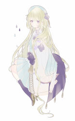 Rule 34 | 1girl, absurdly long hair, absurdres, beret, blonde hair, blue hat, blue kimono, boots, expressionless, flower, full body, hair flower, hair ornament, hat, highres, japanese clothes, kimono, knee boots, long hair, msa (fary white), original, purple eyes, purple footwear, simple background, slit pupils, solo, tassel, very long hair, white background