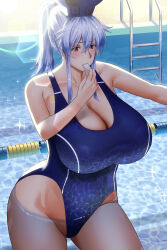 Rule 34 | 1girl, alternate hairstyle, blue hair, blue headwear, blue one-piece swimsuit, blush, breasts, collarbone, commentary request, cowboy shot, highres, huge breasts, inui (shirakawa777), kamishirasawa keine, long hair, one-piece swimsuit, ponytail, pool, red eyes, solo, swimsuit, touhou, whistle