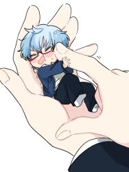 Rule 34 | 1boy, anger vein, black pants, blazer, blue hair, blue jacket, cheek poking, chibi, closed eyes, collared shirt, facing to the side, finger to another&#039;s cheek, glasses, habataki academy school uniform, himuro inori, in palm, jacket, long sleeves, lying, mini person, miniboy, no shoes, on back, open clothes, open jacket, out of frame, outstretched arm, pants, poking, pushing away, red-framed eyewear, school uniform, shirt, short hair, simple background, socks, solo focus, sweater, tokimeki memorial, tokimeki memorial girl&#039;s side 4th heart, trembling, white background, white legwear, white shirt, yukijiro