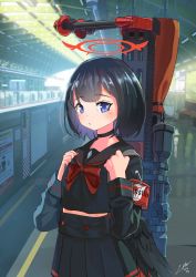 Rule 34 | 1girl, absurdres, anti-materiel rifle, anzio ironworks 20mm rifle, armband, bipod, black hair, black sailor collar, black serafuku, black skirt, black wings, blue archive, blue eyes, bow, bowtie, choker, crop top, dated, feathered wings, gun, halo, highres, holding strap, indoors, laminar flow, long sleeves, looking at viewer, low wings, mashiro (blue archive), midriff peek, pleated skirt, red bow, red bowtie, rifle, safety pin, sailor collar, school uniform, scope, serafuku, short hair, signature, skirt, sniper rifle, train station, weapon, weapon on back, winged halo, wings