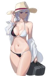 Rule 34 | 1girl, absurdres, bikini, breasts, brown eyes, chinese commentary, cleavage, collared shirt, commentary request, dress shirt, girls&#039; frontline, grey hair, hat, highres, large breasts, open clothes, open shirt, rpk-16 (girls&#039; frontline), shirt, short hair, shortofsugar, simple background, solo, suitcase, sun hat, swimsuit, thigh gap, two-tone bikini, white background, white hat, white shirt