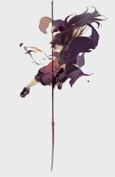 Rule 34 | 1girl, brown hair, character request, geta, grey background, highres, jewelry, long hair, looking at viewer, necklace, negative space, pants, pole vault, polearm, purple pants, purple robe, reeh (yukuri130), robe, simple background, solo, spear, tagme, torn clothes, very long hair, weapon, white background, wide sleeves, yellow eyes