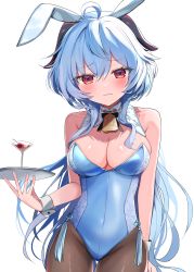 Rule 34 | 1girl, absurdres, ahoge, alcohol, animal ears, arms at sides, bell, blue hair, blue leotard, blush, breasts, cleavage, closed mouth, covered navel, cowboy shot, fake animal ears, ganyu (genshin impact), genshin impact, hair between eyes, highres, horns, ineka ka, leotard, long hair, looking at viewer, medium breasts, neck bell, pantyhose, playboy bunny, rabbit ears, red eyes, simple background, solo, straight-on, tassel, thigh gap, tray, wavy mouth, white background, wine, wrist cuffs
