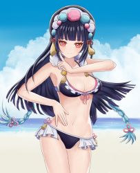 Rule 34 | 1girl, :|, aqua hair, arm up, armpit crease, beach, bikini, black bikini, black hair, blue sky, blunt bangs, blunt ends, blush, braid, breasts, chinese commentary, chinese knot, cleavage, closed mouth, cloud, collarbone, commentary, day, eyelashes, genshin impact, index finger raised, light blush, light smile, medium hair, multicolored hair, navel, ocean, orange eyes, outdoors, pet14563, pom pom (clothes), sidelocks, sky, solo, standing, stomach, swimsuit, tassel, thighs, two-tone hair, upper body, vision (genshin impact), yun jin (genshin impact)