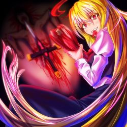 Rule 34 | 1girl, aged up, alternate hair length, alternate hairstyle, blonde hair, blood, blood splatter, blood stain, blouse, cannibalism, colored eyelashes, corpse, eating, ex-rumia, guro, halo, highres, in the face, intestines, leg hold, long hair, long sleeves, looking at viewer, looking back, mouth hold, red eyes, rumia, severed leg, severed limb, shirt, skirt, slit pupils, smile, sword, teeth hold, touhou, very long hair, vest, weapon, zephid