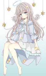 Rule 34 | 1girl, absurdres, angel, bad id, bad pixiv id, barefoot, blue background, blue eyes, blush, closed mouth, commentary, crescent, dress, feathered wings, gradient background, grey dress, grey hair, hair ornament, halo, head tilt, highres, holding, long hair, long sleeves, looking at viewer, mini wings, original, puffy long sleeves, puffy sleeves, solo, star (symbol), star hair ornament, symbol-only commentary, tsukiyo (skymint), very long hair, white background, white wings, wings