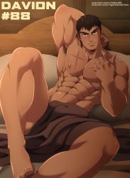 Rule 34 | 1boy, abs, absurdres, arm up, armpit hair, armpits, bara, beckoning, bed invitation, bed sheet, brown eyes, brown hair, come hither, convenient censoring, dark-skinned male, dark skin, dota: dragon&#039;s blood, dota (series), dota 2, dragon knight (dota), highres, large pectorals, looking at viewer, male focus, mature male, muscular, muscular male, naked sheet, navel, navel hair, nipples, on bed, paid reward available, patreon username, pectorals, paid reward available, scar, scar on chest, seductive smile, sgt crisis, short hair, sitting, smile, solo, spread legs, thick thighs, thighs, twitter username