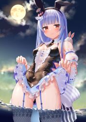 Rule 34 | 1girl, animal ears, bare shoulders, black dress, black necktie, blue hair, blue skirt, blush, closed mouth, clothes lift, commentary request, detached collar, detached sleeves, dress, embarrassed, fake animal ears, faubynet, fishnet thighhighs, fishnets, garter straps, hat, highres, hololive, lifted by self, long hair, looking at viewer, mini hat, multicolored hair, necktie, official alternate costume, orange eyes, pleated skirt, puffy short sleeves, puffy sleeves, rabbit, rabbit-shaped pupils, rabbit ears, rabbit girl, revision, short eyebrows, short sleeves, skirt, skirt lift, solo, standing, straight hair, streaked hair, symbol-shaped pupils, thick eyebrows, thighhighs, top hat, two-tone hair, usada pekora, usada pekora (furi furi bunny dress), virtual youtuber, wading, water, wavy mouth, wet, white hair