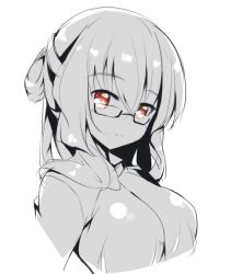 Rule 34 | 1girl, breasts, fuuna, glasses, greyscale, looking at viewer, monochrome, original, red eyes, sketch, smile, solo, spot color