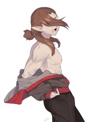 Rule 34 | 1boy, biceps, black pants, brown hair, covered eyes, cowboy shot, from side, jacket, luozhu (the legend of luoxiaohei), off shoulder, open mouth, pants, pointy ears, rkp, shadow, topless male, signature, simple background, sleeves past wrists, smile, solo, luo xiaohei zhanji, white background