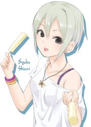 Rule 34 | 1girl, black eyes, bra strap, bracelet, character name, collarbone, earrings, food, ginnote, hair between eyes, holding, holding food, ice cream, idolmaster, idolmaster cinderella girls, jewelry, looking at viewer, necklace, off shoulder, popsicle, shiomi syuko, shirt, short hair, silver hair, simple background, solo, tongue, tongue out, upper body, white background, white shirt