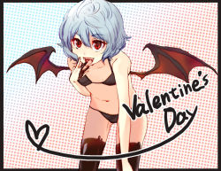 Rule 34 | 1girl, bad id, bad pixiv id, bat wings, bikini, black bikini, blue hair, chocolate, fangs, female focus, flat chest, food as clothes, leaning forward, licking, licking finger, red eyes, remilia scarlet, short hair, solo, swimsuit, thighhighs, touhou, valentine, wings, yuki (popopo)