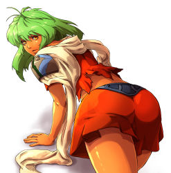 Rule 34 | 1girl, arm support, armor, ass, back, bent over, emerada (xenogears), from behind, green hair, looking back, miraki1016, orange eyes, pauldrons, scarf, shadow, shoulder armor, shoulder pads, simple background, skirt, solo, xenogears