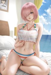 Rule 34 | 1girl, barefoot, bed sheet, bikini, blue sky, breasts, cloud, collarbone, commentary, curtains, dated, english commentary, fate/grand order, fate (series), fujimaru ritsuka (male), hair over one eye, highres, indoors, legs, lips, looking at viewer, mash kyrielight, mash kyrielight (swimsuit of perpetual summer ver.02), medium breasts, navel, ocean, official alternate costume, on bed, parted lips, photo (object), pillow, pink hair, purple eyes, sciamano240, see-through, short hair, side-tie bikini bottom, signature, sitting, sky, solo, striped bikini, striped clothes, swimsuit, thighs, window