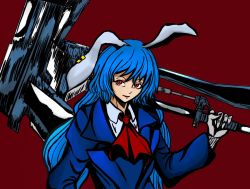 Rule 34 | 1girl, animal ears, ascot, blue hair, blue suit, collared shirt, earclip, expressionless, floppy ears, formal, gloves, hair between eyes, holding, holding weapon, jacket, long hair, looking at viewer, mallet, open mouth, over shoulder, rabbit ears, red ascot, red background, red eyes, seiran (touhou), shirt, simple background, solo, suit, suit jacket, touhou, upper body, weapon, weapon over shoulder, weedhollow (dokuran)