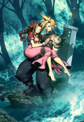 Rule 34 | 1990s (style), 1boy, 1girl, aerith gainsborough, aqua eyes, bare legs, barefoot, blonde hair, boots, bow, braid, breasts, brown hair, buster sword, carrying, cleavage, cloud strife, cropped jacket, curly hair, dress, feet, final fantasy, final fantasy vii, forgotten city, genzoman, hair bow, hair ribbon, huge weapon, pink dress, princess carry, retro artstyle, ribbon, shoulder pads, sleeping forest, soles, spiked hair, sword, turtleneck, water, weapon
