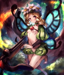 Rule 34 | 1girl, blonde hair, bow (weapon), braid, breasts, butterfly wings, choker, crossbow, detached sleeves, dot nose, fairy, flower, functionally nude, hair flower, hair ornament, insect wings, long hair, mercedes (odin sphere), navel, nipples, odin sphere, open clothes, open shorts, pointy ears, puffy sleeves, pussy, red eyes, redcomet, shorts, small breasts, solo, topless, twin braids, uncensored, weapon, wings
